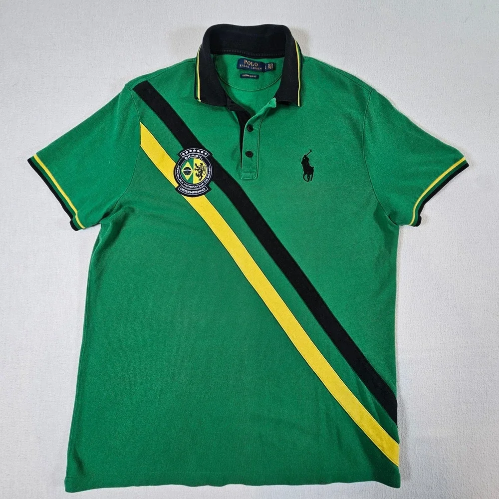 Polo Ralph Lauren Polo Shirt Mens L Green Brazil #5 Custom Slim Fit Logo Sash